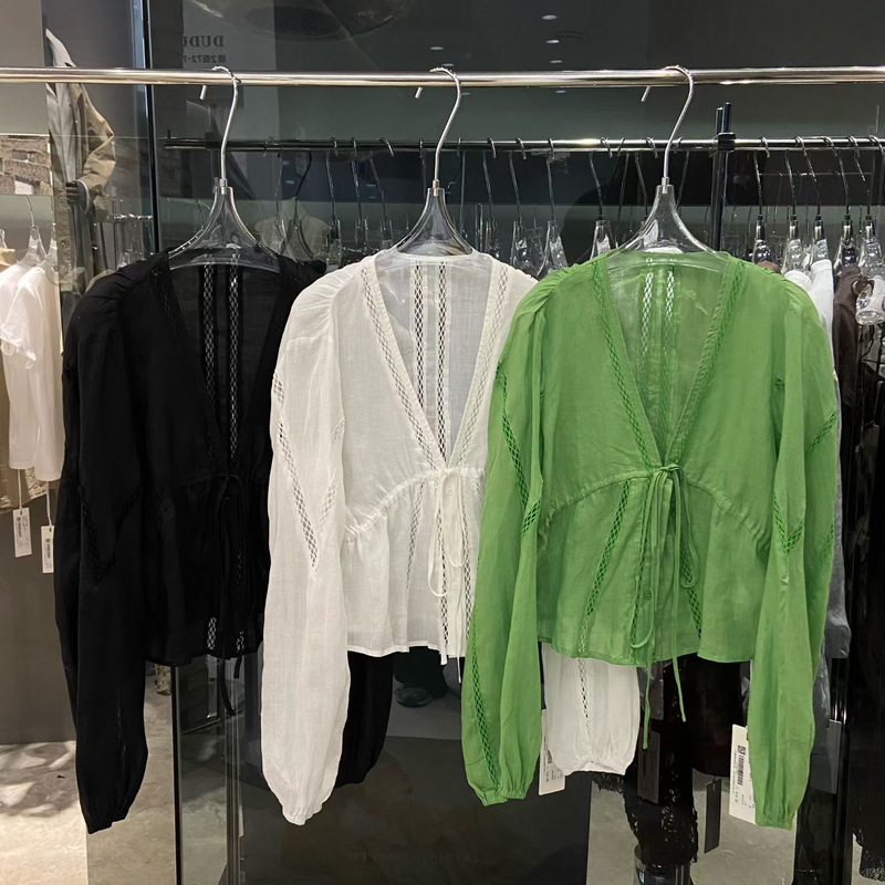 2026 Summer New Korean Style Women's Long-Sleeve V-Neck Tie Shirt, Loose Linen Lace Trim Heavy-Duty Blouse