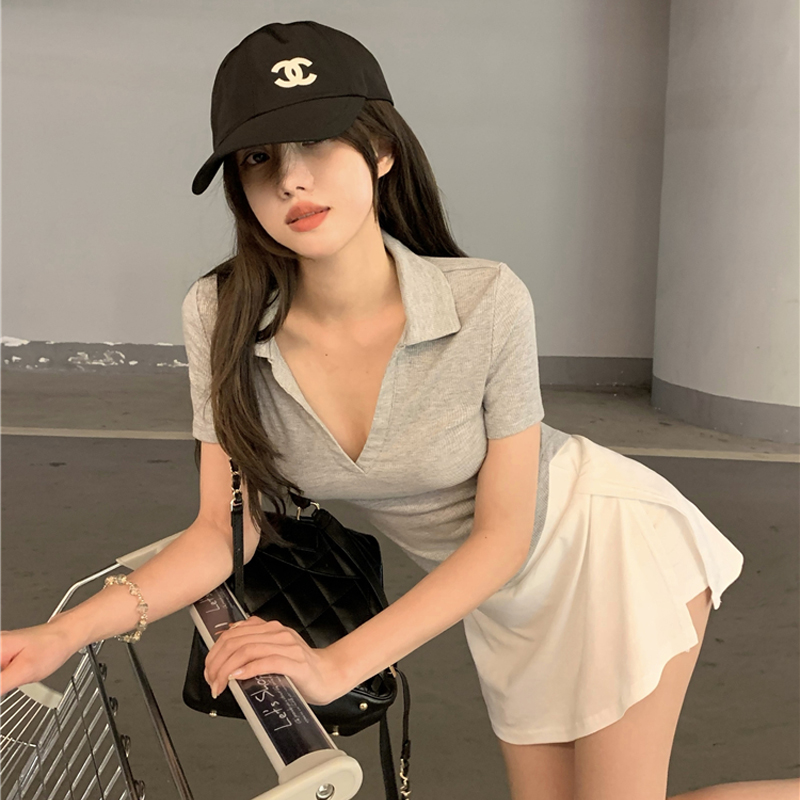 Design sense niche sexy irregular short polo collar short-sleeved t-shirt slits high waist slim A-line hip skirt
