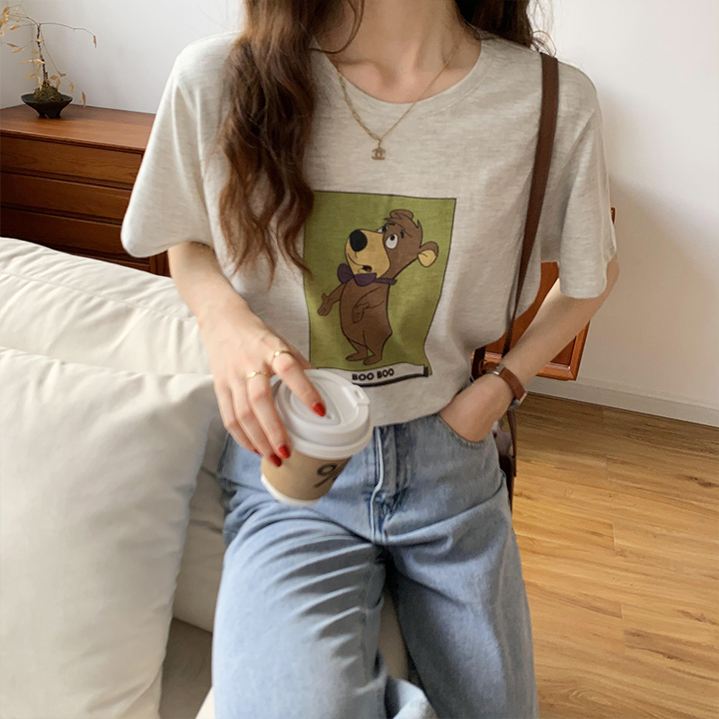 Short-sleeved T-shirt women's summer 2022 new design sense printing cartoon pattern Western style bottoming shirt loose round neck top
