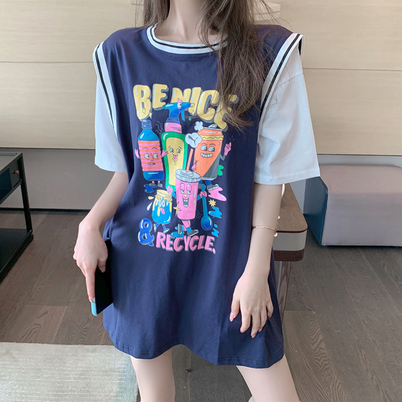 2022 summer new Korean version fashion loose mid-length bottoming shirt fake two-piece cartoon printing half-sleeve top