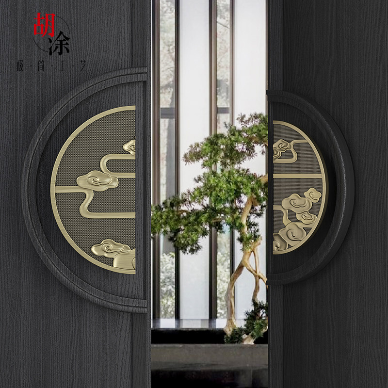 New Chinese glass door handle double switch wood door handle imitation ancient copper pair with numerical control relief cloud big door handle customized