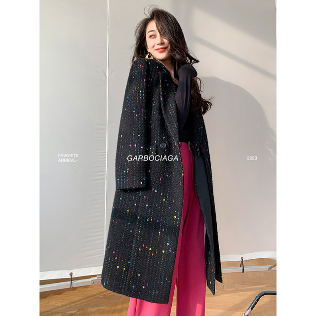 Garbociaga龙喜儿 85%粗纺羊毛特种绣廓形双拼长款毛呢大衣 3959