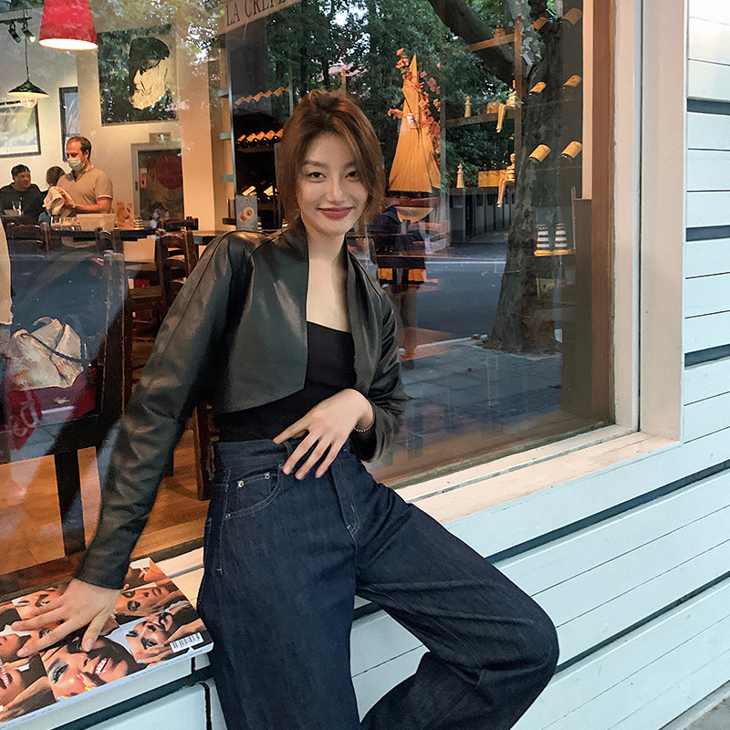 Garbociaga Longxier American Street Black Short Slim Leather Jacket Female Autumn and Winter 8903