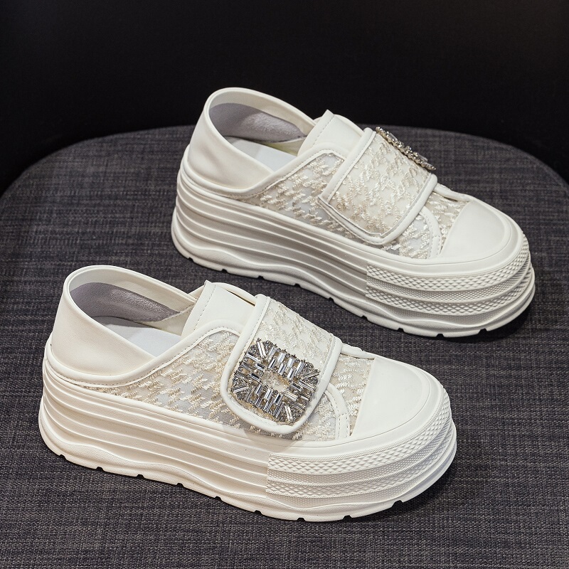 Factory Clearance Sale Genuine Leather Thick-Soled Lace-Up White Sneakers for Women, Summer Breathable Mesh Women's Shoes, Versatile Casual Sneakers