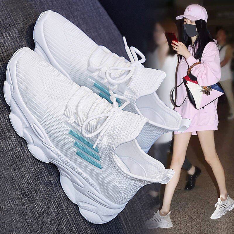 Yerkan 2022 New Shoes Women Fly Weaving Casual Sports Tennis Shoes 100 Lap Lace Flat Bottom Running Little White Shoes