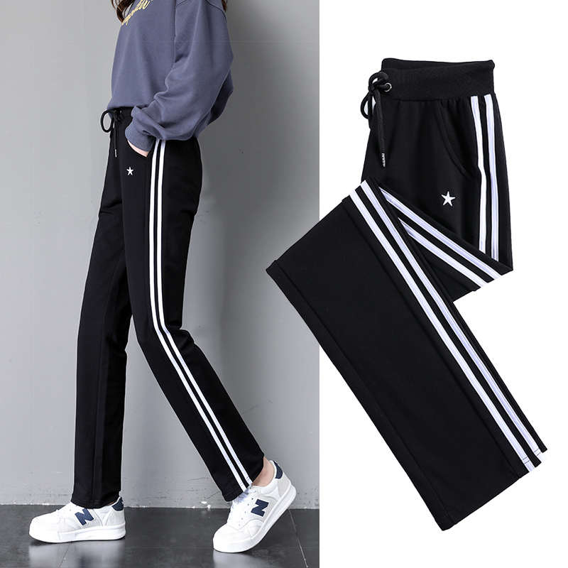 Straight-Leg Sports Pants for Women, Summer Thin Style, Double Stripe, Loose Fit, Slimming for Middle School Students, Spring and Autumn, Pure Cotton Casual Pants