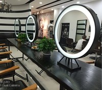 创意实木发廊美发化妆镜影楼复古圆镜单双面镜理发店双面带灯镜台