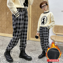Girls winter dress foreign style plaid plus velvet casual pants 2020 new autumn and winter padded trousers 12-year-old girl pants 15