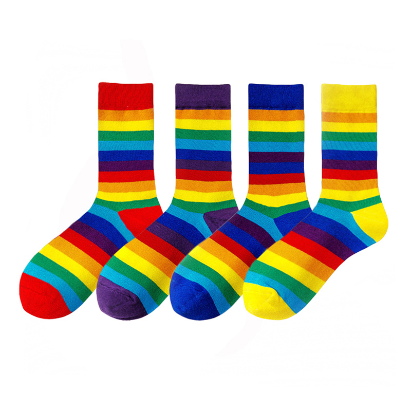 Korean Style New ins Rainbow Striped Street Sports Internet Celebrity Style Mid-Calf Cotton Socks, Personalized College Style Sweat-Absorbing Socks