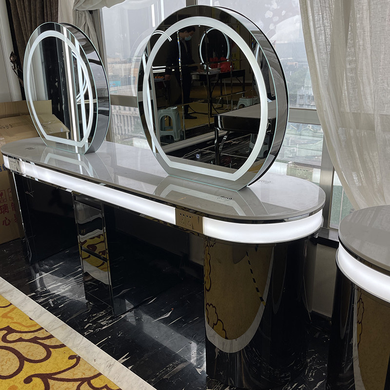 High-end hairdresse shop with lamp hair salon special marble countertop mirror table minimalist haircut and dyed single double-sided sheared mirror