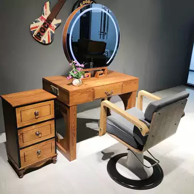 Solid wood with lamp retro hair mirror double-sided four-sided mirror table Hair salon special hair salon hair cutting makeup ironing and dyeing mirror