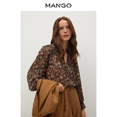 женская рубашка mango女装衬衫2020秋冬新款花朵印花泡泡长袖系扣衬衫