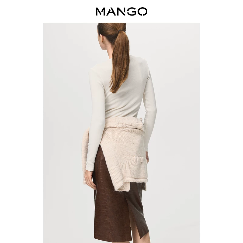 Весенний футболка Mango, удобная длинный рукав с круглым воротом, узкий силуэт