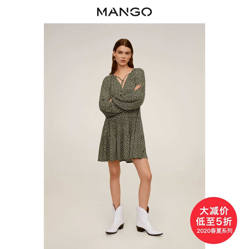 Váy của phụ nữ MANGO 2020 xuân hè mới in váy ngắn xếp li đầm xòe dài tay - váy đầm