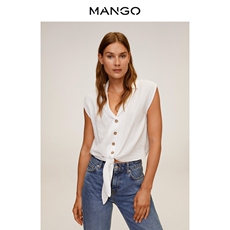 женская рубашка mango女装衬衫2020秋冬新款系扣蝴蝶结绑带棉质衬衫