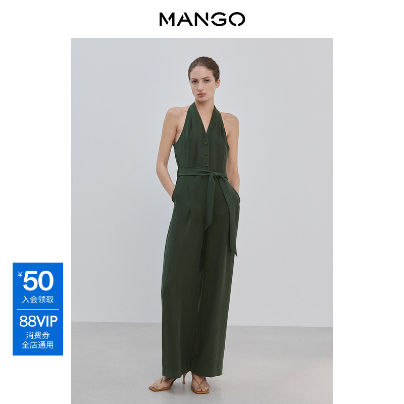 Mango Women's Jumpsuit 2026 Summer New Style Backless Halter Neck Tie Waist Belt Sleeveless Loose Jumpsuit