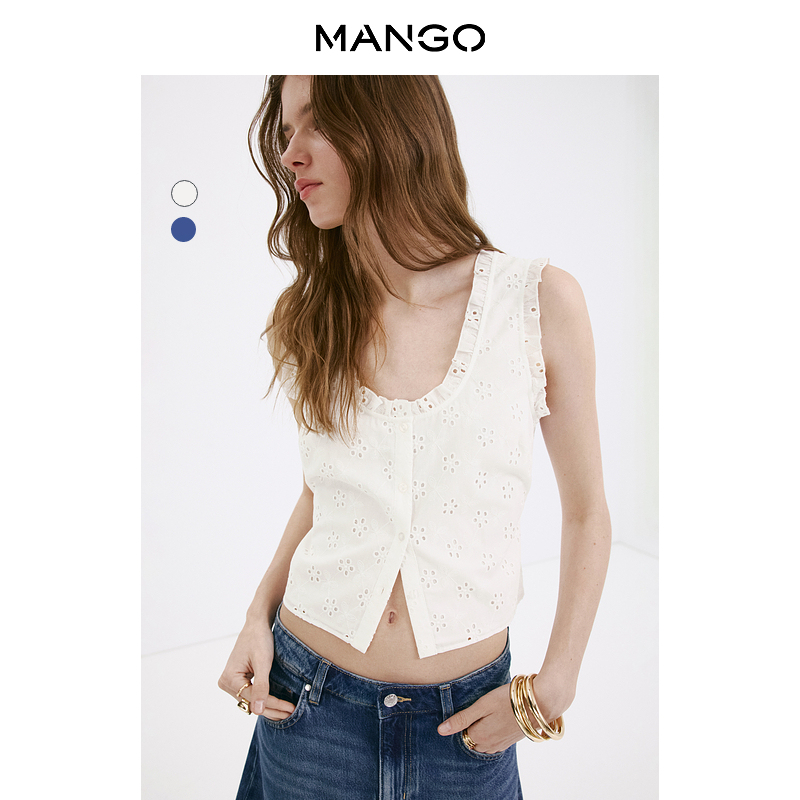 Mango Women's Shirt 2026 Autumn New Cotton Ruffled Hollow Embroidered Sleeveless Youthful Top Mango Women's Shirt 2026 Autumn New Cotton Ruffled Hollow Embroidered Sleeveless Youthful Top