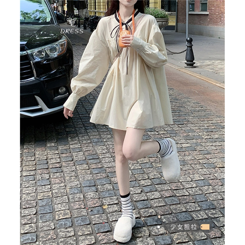Style Bubble Cuff Shirt Dress Dress Woman Fall New Sweet Doll Dress Terminally short dress Milky dresses wearing a hitch-Taobao