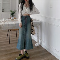 High Waist Denim Half Body Skirt Woman Early Spring New Strap Design Sensation Small Crowdfish Tail Skirt Mid-Length Dresses