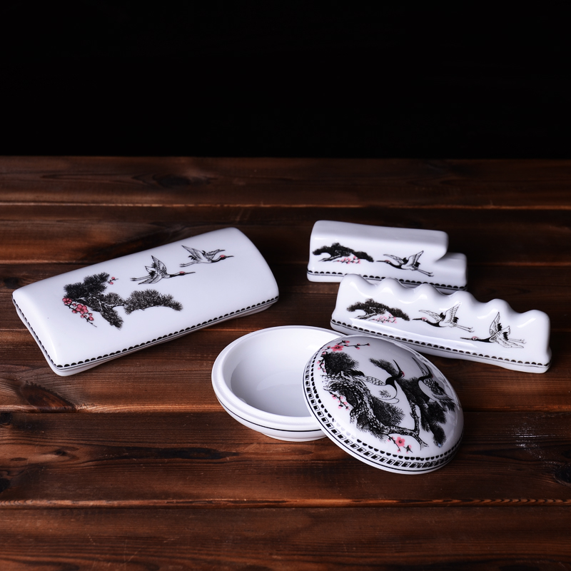 Fashion ceramic office stationery pine crane, seven heads suit stationery gift porcelain penholder pen container combination suite