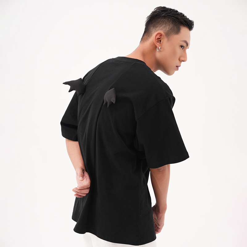 Clp Original Devil Flash Diamond Devil Wings T-Shirt Unisex Oversized Short Sleeve Black Loose Casual Sequin Three-Dimensional