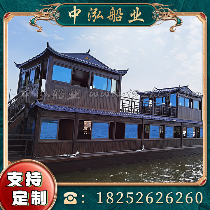 Wooden boat Large solid wood bilayer painting Boat Boat Retro Scenic Area Sightseeing Tourism Water Electric Catering GRP House Ship-Taobao