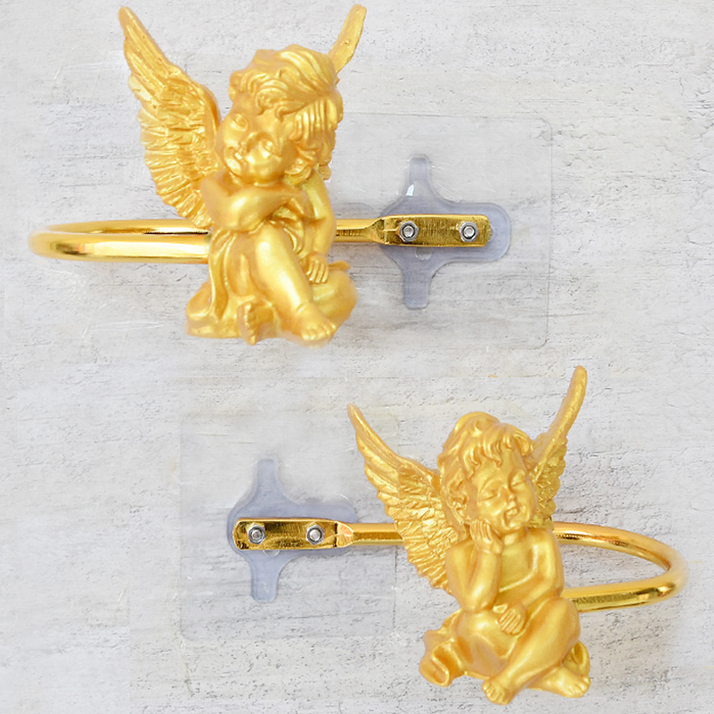 A Pair [2 Pieces] of Curtain Hooks, No-Drill Wall-Mounted, Gold French-Style Angel U-Shaped Hooks, Resin Storage Hooks