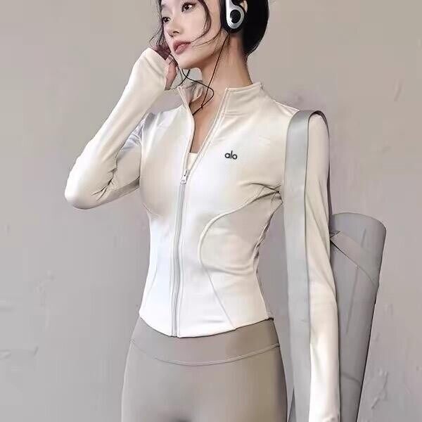 American Alo Yoga Jacket for Women, Slim Fit, Slimming, Sports Running, Fitness, Quick-Drying, Long-Sleeved Zipper Yoga Top