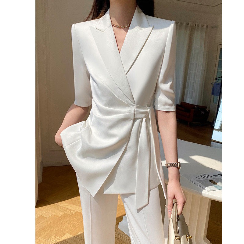 Casual Suit Set for Women, Summer Fashion, Elegant and Professional, Socialite Style, High-End, Sophisticated White Lace-Up Suit