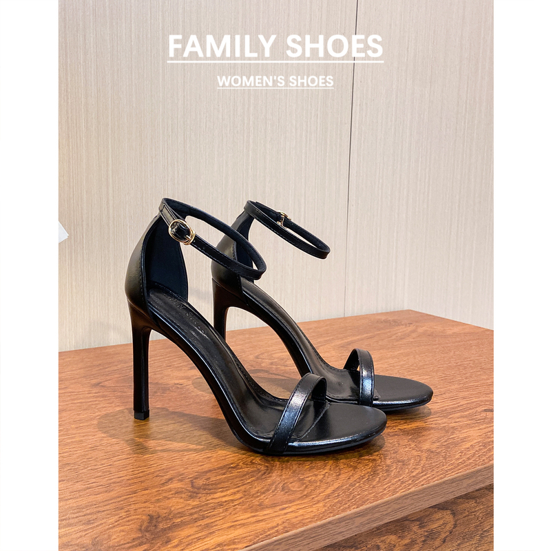 Genuine Leather One-Strap High-Heeled Shoes for Women 2026 New Summer Open-Toe Buckle Stiletto Versatile Black Sw Sandals