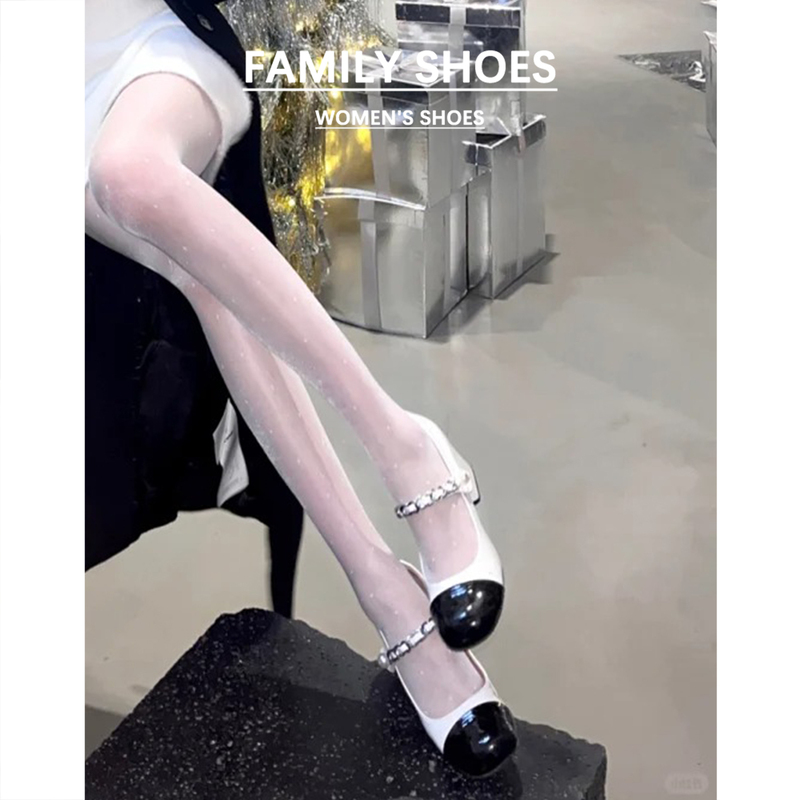 Genuine Leather Mary Jane High Heels for Women 2026 New High-End Black and White Stitching with Skirt Thick-Soled Single Shoes Small Leather Shoes