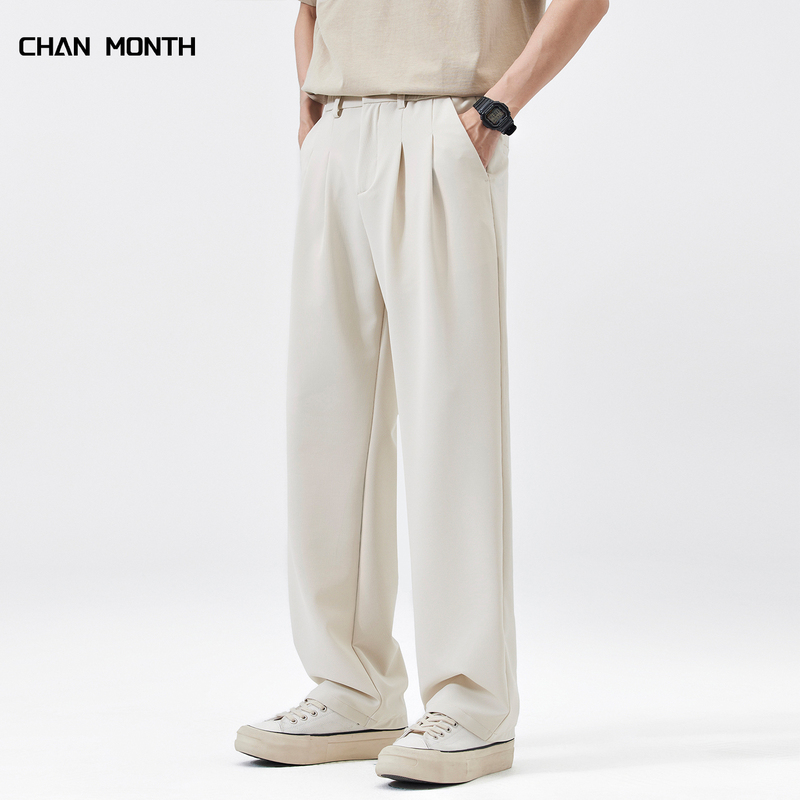 Chan Month New Summer Style No-Iron Casual Dress Pants for Men, High-End Drape, Loose Fit, Straight-Leg Long Pants for Commuting