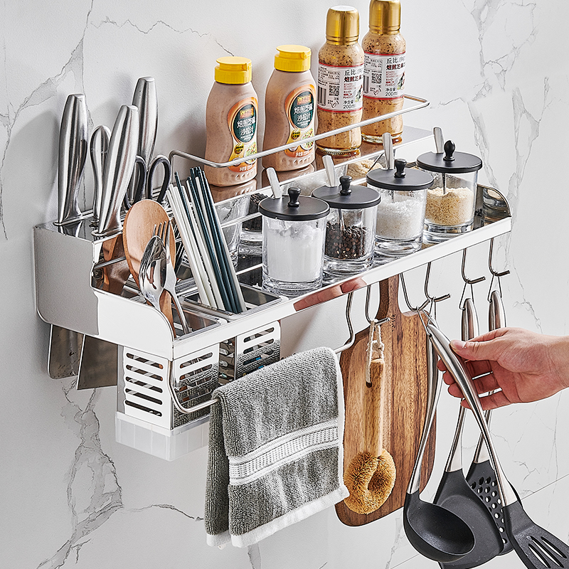304 stainless steel multi-functional widened large kitchen rack storage seasoning supplies wall-mounted knife chopsticks rack without punching