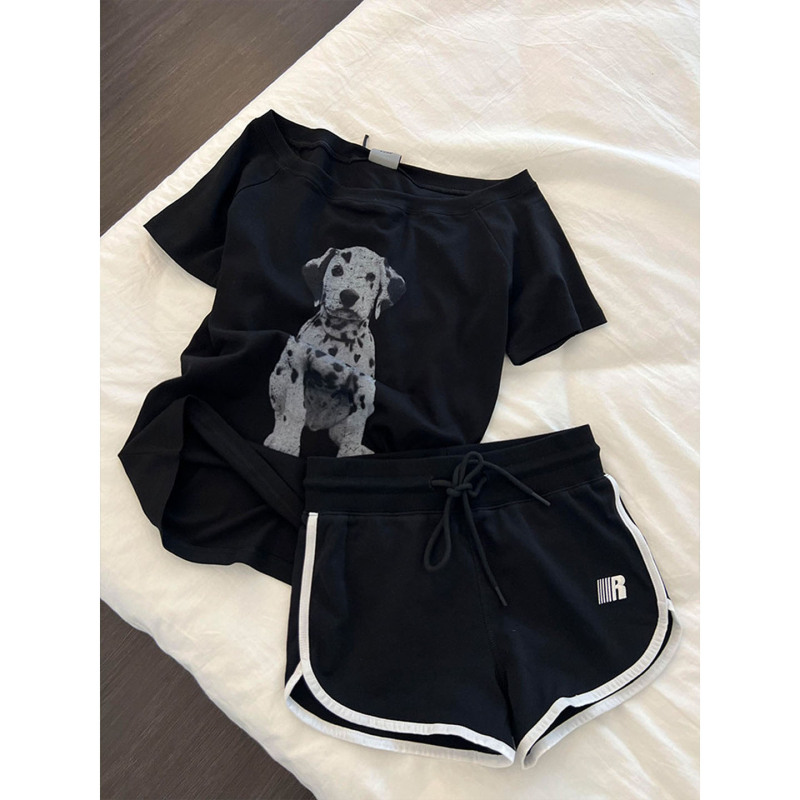Japan Gp&Jp Black Lazy Style Spotted Puppy Off-Shoulder Short-Sleeve Pajamas for Women Summer Casual Shorts Loungewear