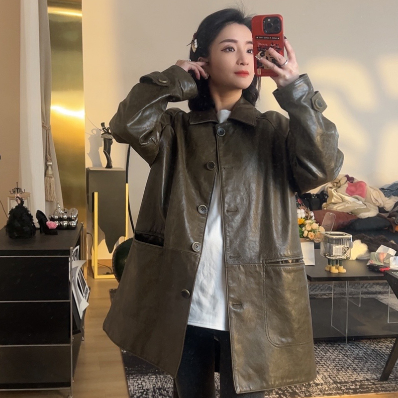 Spring Breeze: New Spring Collection Women's Vintage Barn Style Mid-Length Oil-Waxed Sheepskin Trench Coat