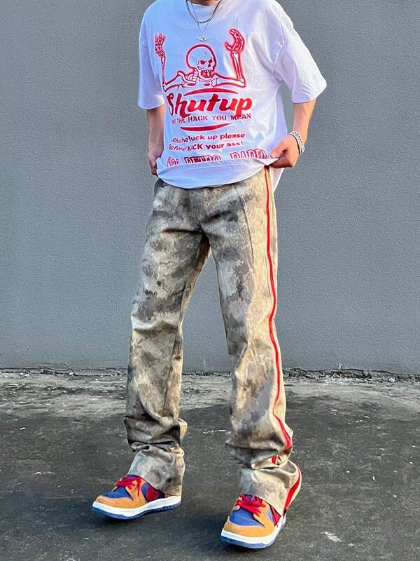 Trendy American Street Style Camouflage Jeans for Men ins Loose Straight Hip-Hop Zipper Slit Casual Long Pants