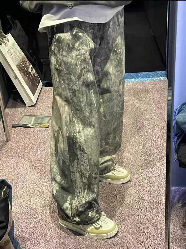 Ac Style 24Ss New 3D Digital Camouflage Splash Print Distressed Low-Rise Wide-Leg Loose Trendy Jeans for Men and Women