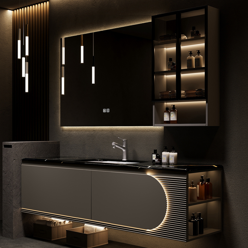 Designer's New Modern Minimalist Bathroom Cabinet Combination with Rock Slab Ceramic Integrated Basin, Bathroom Sink, Washbasin