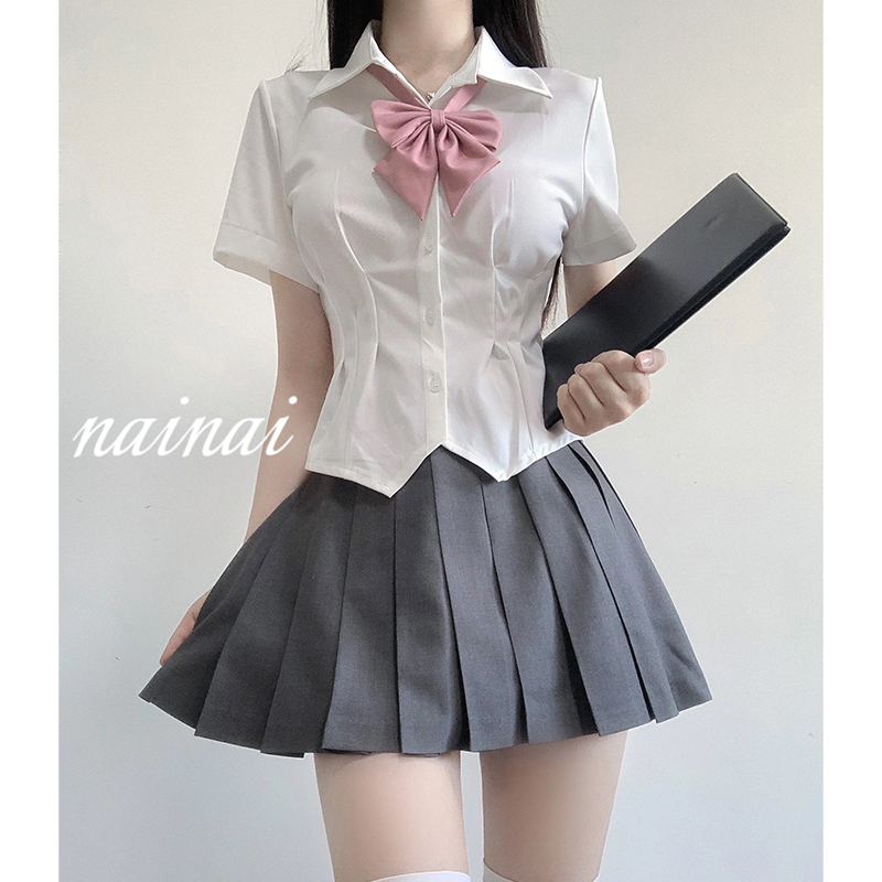 Jk Uniform Waist-Cinching Shirt for Women, Short-Sleeved, Hot Girl College Style Set, Slim-Fitting White Shirt, Pleated Skirt Two-Piece Set