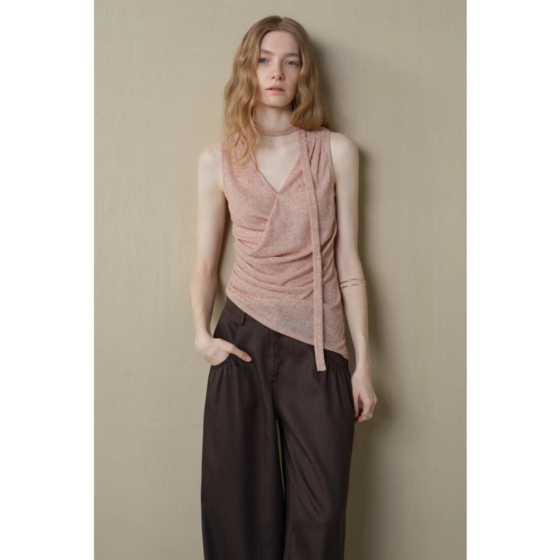 非対称の裾デザイン、サイドウエストプリーツリボンベスト、レディースキャミソール、夏フレンチピンクのニットホルタートップ