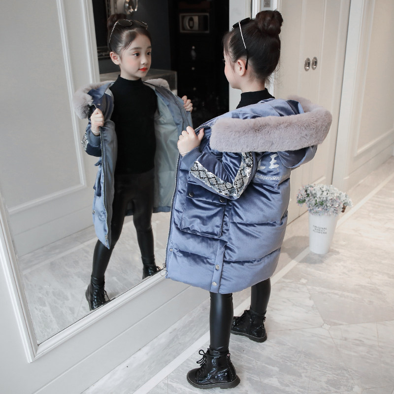 Girls Winter Wear 2020 New Medium Long Edition Down Cotton Jacket Big Kids Cotton Jacket Gold Velvet Thick Cotton Jacket Jacket