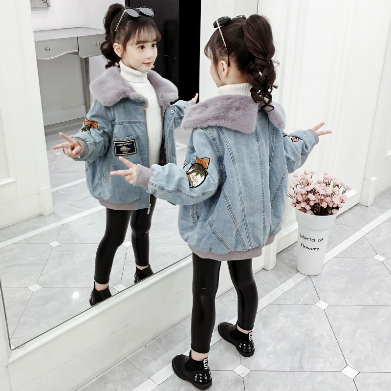 Girl Spring Autumn Dress 2022 New Foreign Pie Big Boy Children Suit Trendy Clip Cotton Denim Autumn Dress Thickening Point Jacket