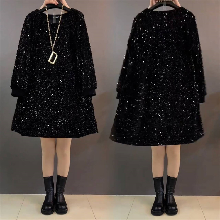 Plus Size Dress 2026 Winter New Style 100kg Fashionable Dress for Chubby Girls, Tummy-Covering, Heavy Sequin Embellishment, Mid-Length Black Dress