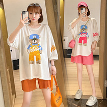 Pregnant woman suit Summer thin pure cotton medium long T-shirt Summer out-of-the-net red shorts Cartoon Summer clothes Two sets