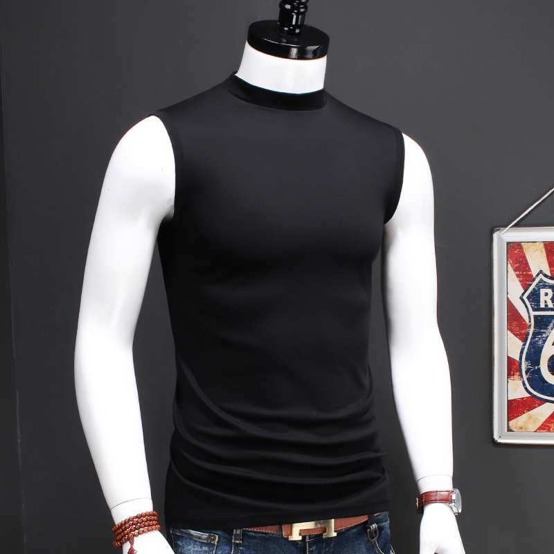 Men's Double Mercerized Cotton Base Layer Sleeveless T-Shirt, Pure Cotton Mock Turtleneck Undershirt, Solid Color Top, Stretchy Undershirt