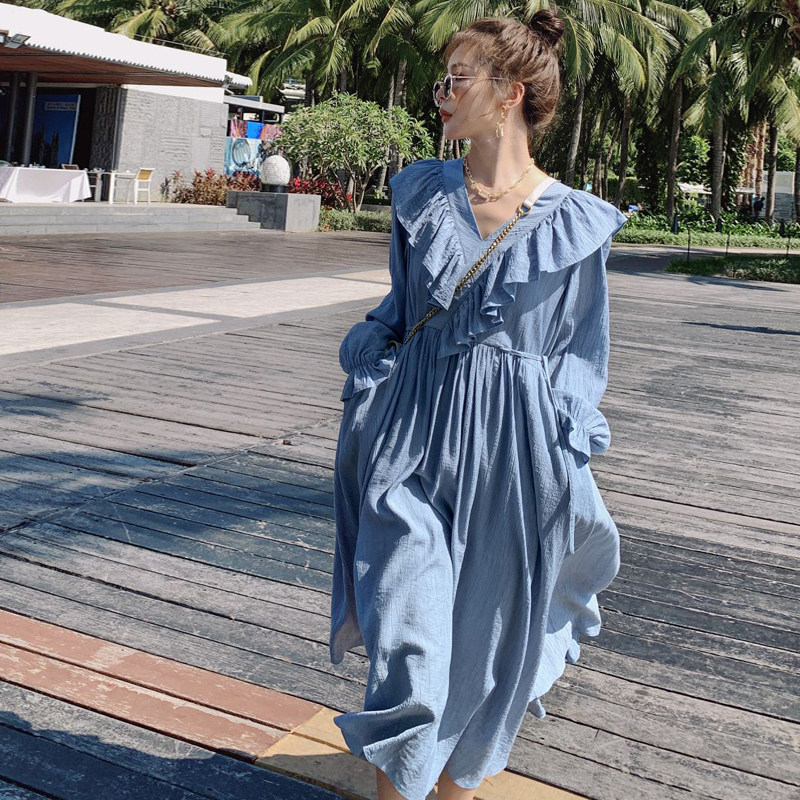 Pregnant women spring ruffled dress spring and summer 2022 new loose cover belly long version fairy super fairy long skirt