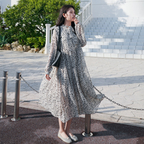 Large size maternity dress Hong Kong style chiffon dress autumn belly does not show fashion long sleeve loose long skirt