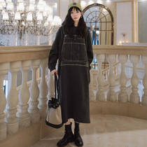 Pregnant women autumn fashion hooded dress Spring and Autumn long large size loose denim stitching dress dress