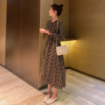 Pregnant women floral chiffon long sleeve dress spring dress Korean fashion high waist loose long knee skirt tide mother