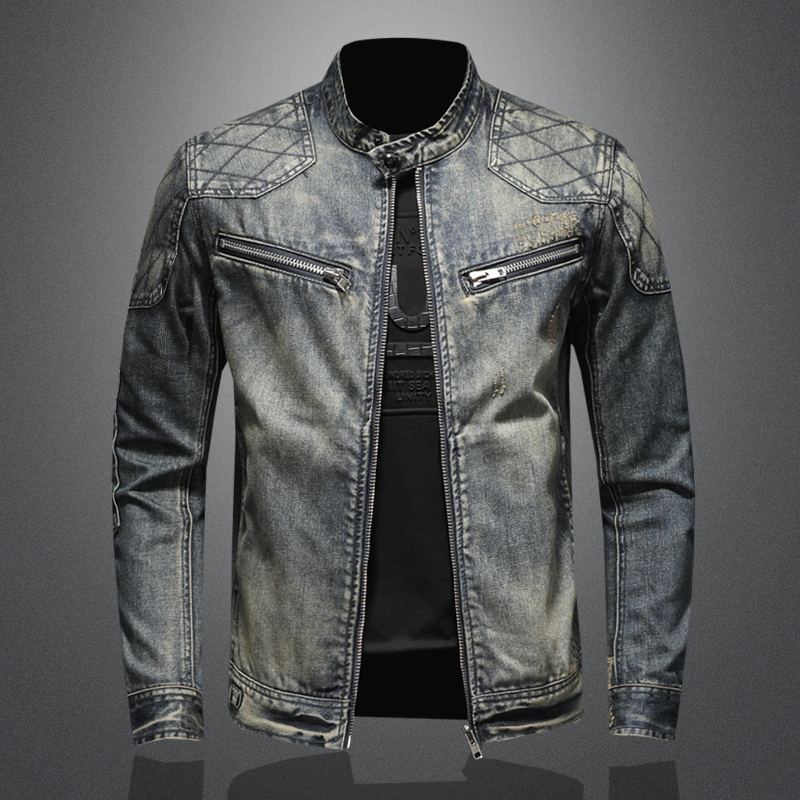 2025 Spring and Autumn Retro Denim Jacket Men's Trendy Brand European and American Street Style Motorcycle Workwear Stand Collar Youth Jacket